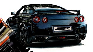 Realistic Car Drawing  Nissan GTR  Time Lapse  Drawing Ideas [upl. by Ahsoik]