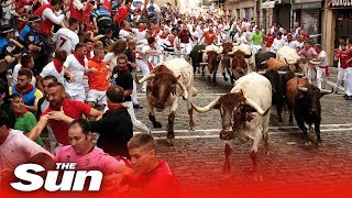 Pamplona Bull Run 2019 tumbles turns and injuries [upl. by Ahseiym]